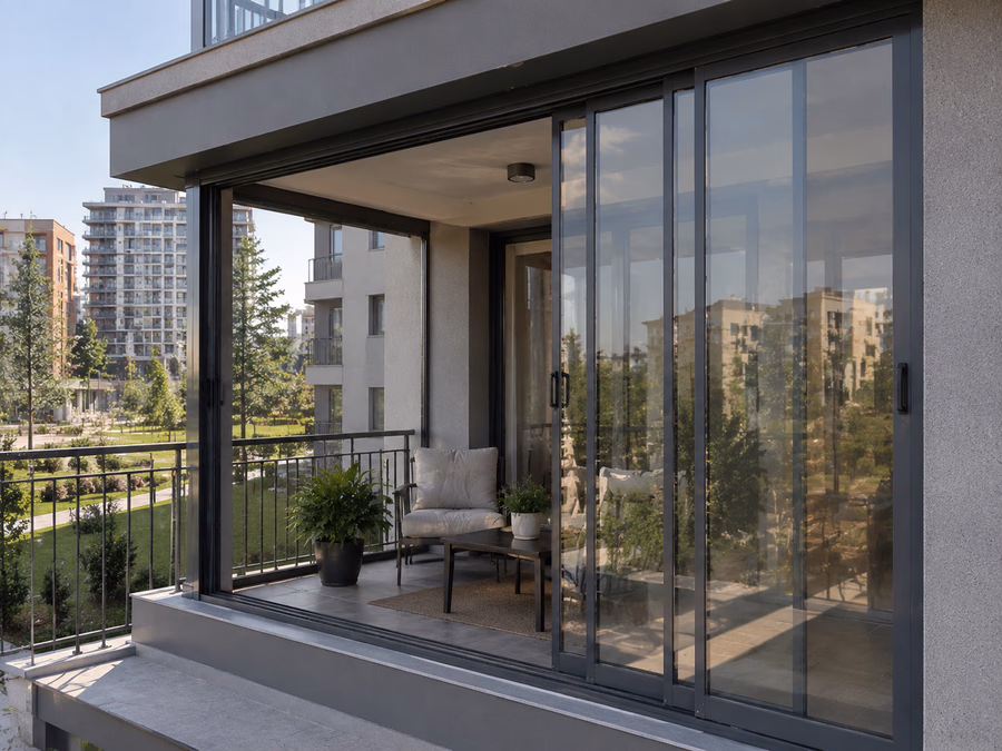 Sürgülü cam balkon panellerinin açık ve kapalı görünümü